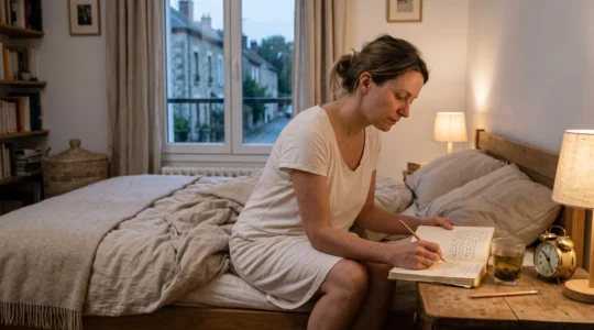 A woman sitting on the edge of her bed in the evening, writing notes in a sleep journal beside a glass of herbal infusion.