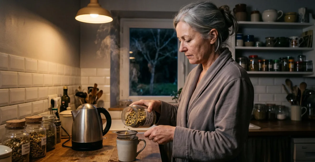 A woman pouring dried herbs from a glass jar into an infuser over a mug in a kitchen at night.