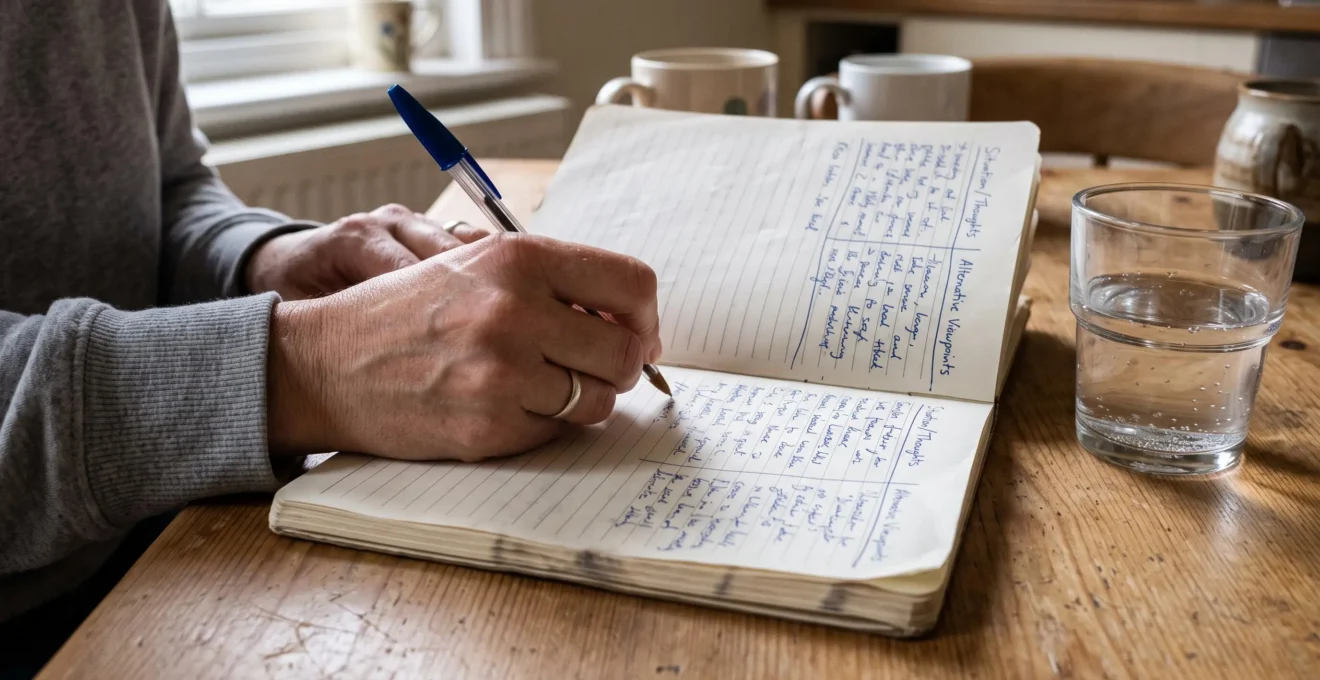 Hands write in an open notebook on a wooden kitchen table during a CBT journaling exercise.