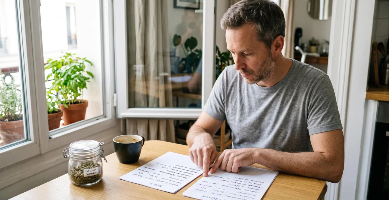 A man seated at a kitchen table comparing two pages of a sleep journal in morning light.