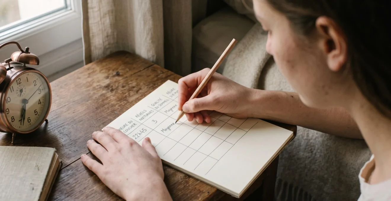 Hands filling in a paper sleep-tracking grid with a pencil on a wooden bedside table in morning light.
