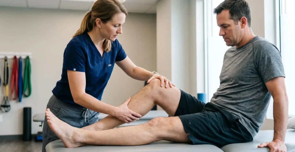 Physical therapist assessing knee range of motion on patient seated on treatment table in rehabilitation clinic