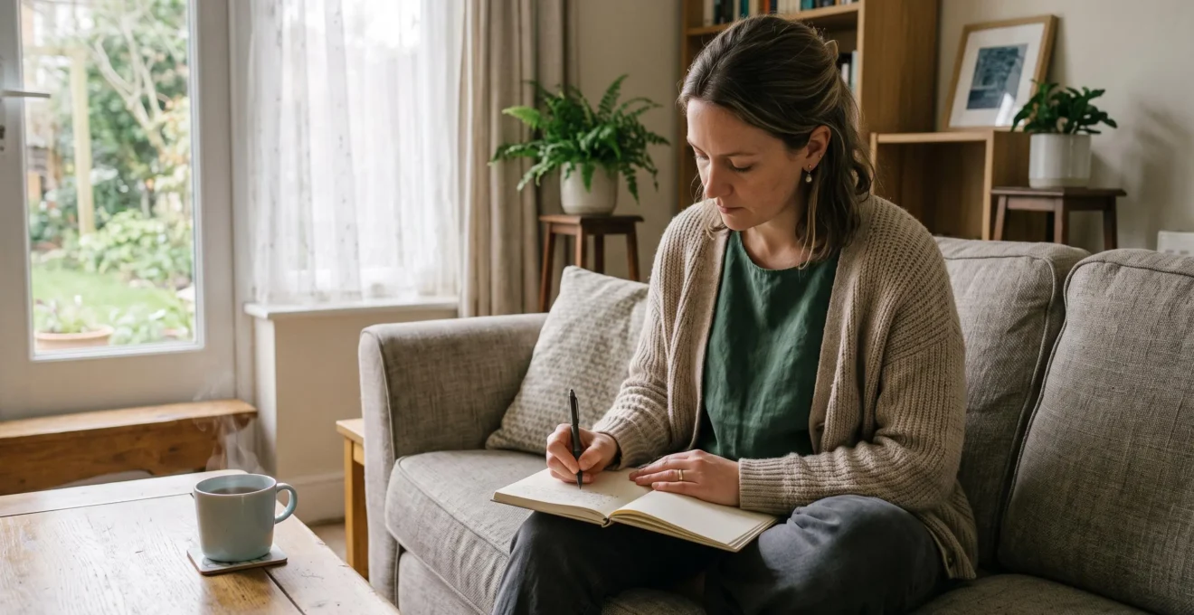 A woman writes in a thought journal on a sofa in a softly lit British living room.