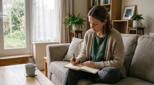 A woman writes in a thought journal on a sofa in a softly lit British living room.