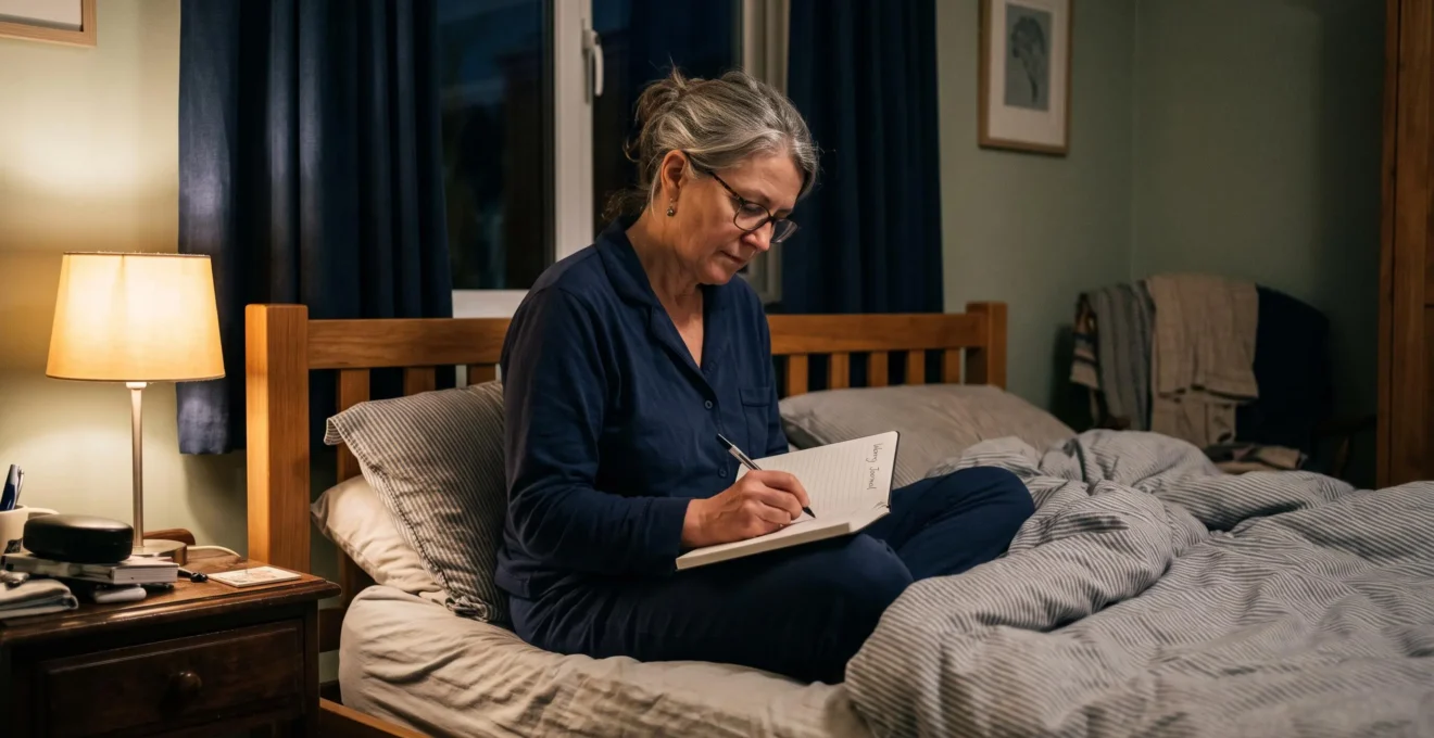A woman writes in a worry journal in bed under the warm light of a bedside lamp at night.